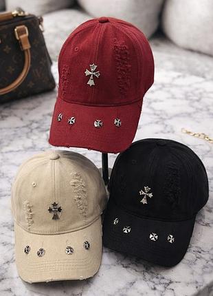 Джинсовая кепка chrome hearts рваная, брендовая бейсболка chrome hearts джинс, кепка хром хартс, рванная кепка, рванка