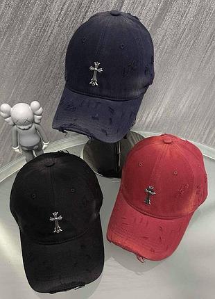 Джинсовая кепка chrome hearts рваная, брендовая бейсболка chrome hearts джинс, кепка хром хартс, рванная кепка, рванка