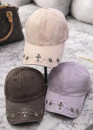 Джинсовая кепка chrome hearts рваная, брендовая бейсболка chrome hearts джинс, кепка хром хартс, рванная кепка, рванка