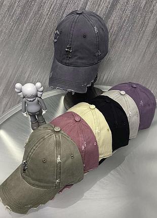 Джинсовая кепка chrome hearts рваная, брендовая бейсболка chrome hearts джинс, кепка хром хартс, рванная кепка, рванка