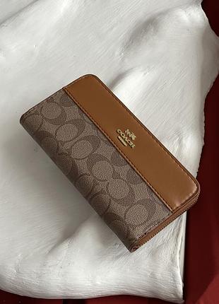 Кожаный женский кошелек coach портмоне на молнии для девушки большой кошелек клатч для женщины коуч бежевый