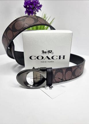 Кожаный ремень coach двусторонний 3,5 cм, ремень коач, ремень натуральная кожа, двусторонний ремень темно-коричневый