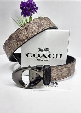 Кожаный ремень coach двусторонний 3,5 cм, ремень коач, ремень натуральная кожа, двусторонний ремень коричневый