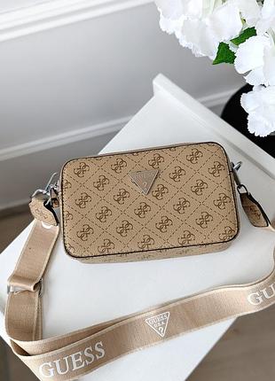 Кожаная брендовая сумка кросс боди guess для девушки маленькая женская сумочка из кожи через плече гесс бежевый