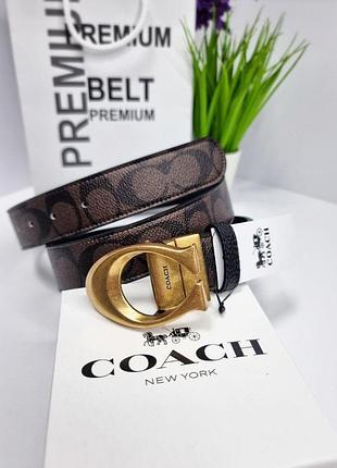 Шкіряний жіночий ремінь двосторонній coach пояс для жінки з шкіри коуч широкий брендовий пасок для дівчини коричневий