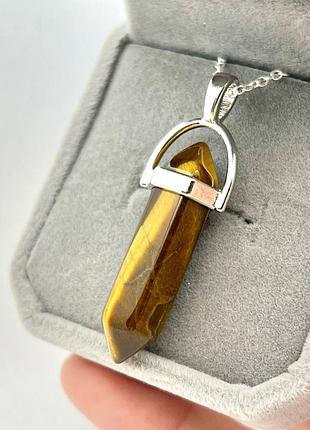Подарунок хлопцю, дівчині натуральний камінь тигрове око кулон у вигляді кристала шестигранника на ланцюжку в футлярі