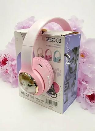 Беспроводные накладные наушники bluetooth с котиками и микрофоном akz-03