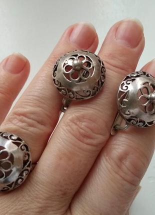 Серебряный набор/комплект ручной работы в восточном стиле, серьги кольцо