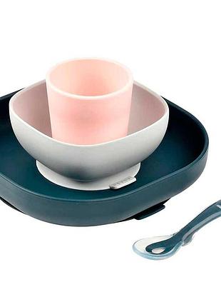 Набор силиконовой посуды beaba 4 предмета blue/pink