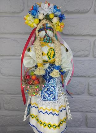 Крафтова блакитна сувенірна лялька мотанка 35 см з кошиком
