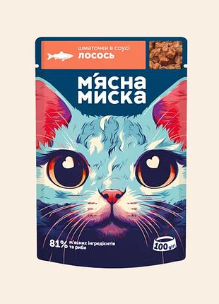 М'ясні шматочки в соусі з лососем для дорослих котів м'ясна миска 100 г