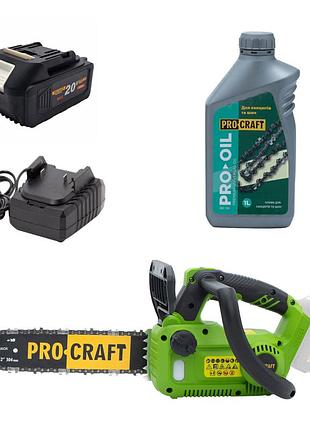 Аккумуляторная цепная пила procraft pka42li + 1 акб 4аг + зп charger20/1 + олива для ланцюга 1л