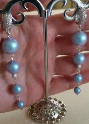 Шикарні небесно-блакитні ,дизайнерські сережки з перлами swarovski ❄💙🧚♀️1 фото