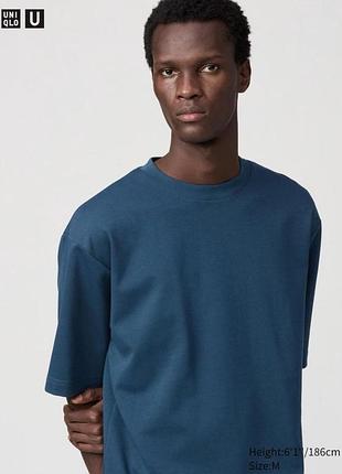 Футболка uniqlo u темно-синя airism cotton oversized crew neck t-shirt