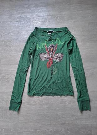 Зелена італійська натуральна хлопкова кофта лонгслів принт квітка ірис