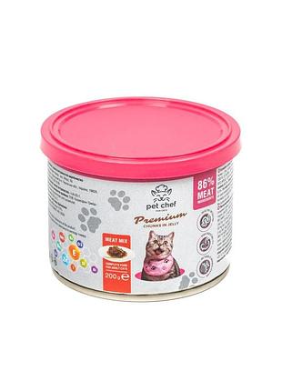 Вологий корм для котів pet chef шматочки в желе м’ясний мікс 200 г(можливо погнута банка)