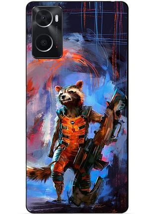 Силиконовый бампер чехол для oppo a76 / a96 с рисунком енот ракета стражи галактики