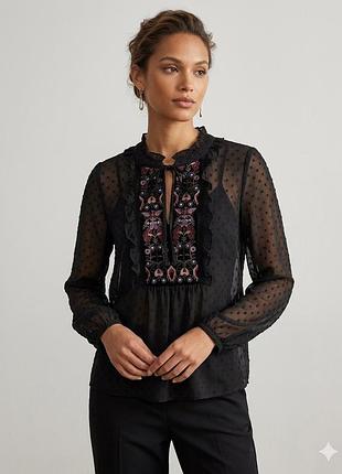 Блуза zara чорна з вишивкою бохо та воланами, розмір s