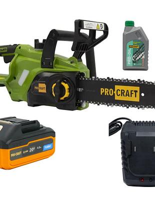 Аккумуляторная цепная пила pro-craft pka36 — 20 в, 10" шина, бесщёточный двигатель + акб, зу и масло