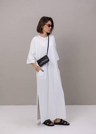 Luxe макси платье прямое повседневный круглый вырез рукав 3\4 разреза свободная длинная