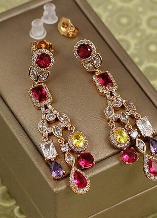 Серьги xuping jewelry подвески валери с разноцветными камнями 5,3 см золотистые