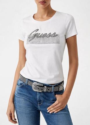 Футболка жіноча guess бавовняна біла з принтом із стразами m l