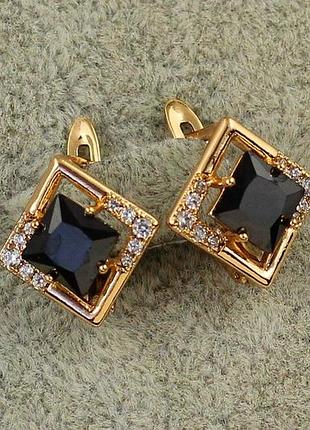 Серьги xuping jewelry ромбик с черным камнем 1,4 см золотистые