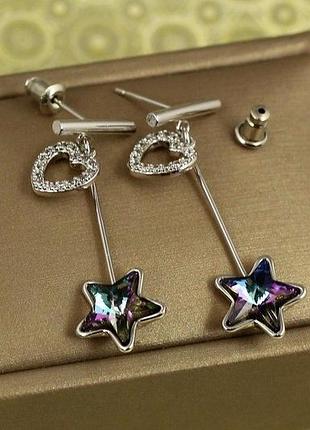 Сережки підвіски xuping jewelry зірка із фіолетовими каменями 3,7 см сріблясті