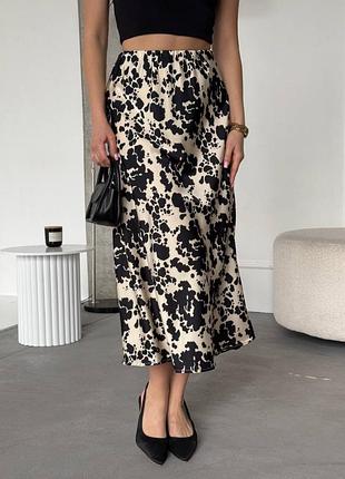 Luxe миди юбка праздничная высокая посадка принт коровка шелковый шелковый шелк