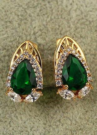 Серьги xuping jewelry перформанс с зеленым камнем 1,8 см золотистые