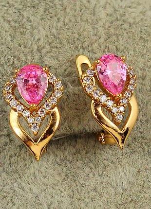 Серьги xuping jewelry перина с розовым камнем 1,6 см золотистые