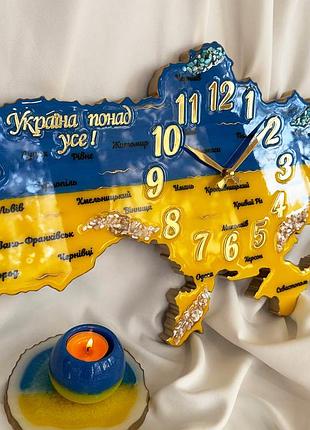 Годинник настінний з епоксидної смоли "карта україни" 130x83 см