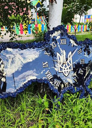 Годинник настінний з епоксидної смоли "карта україни" 140х92 см