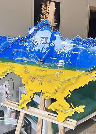 Годинник настінний з епоксидної смоли "карта україни" 100x65 см