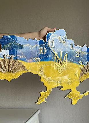 Годинник настінний з епоксидної смоли "карта україни" 110х71 см