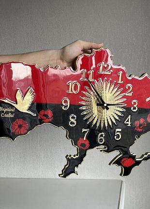 Годинник настінний з епоксидної смоли "карта україни" 100х64 см