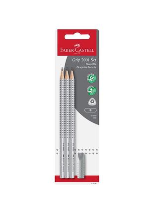 Чернографитовые карандаши grip 2001 3 шт + ластик серый faber-castell