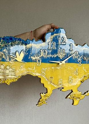Годинник настінний з епоксидної смоли "карта україни" 140х90 см