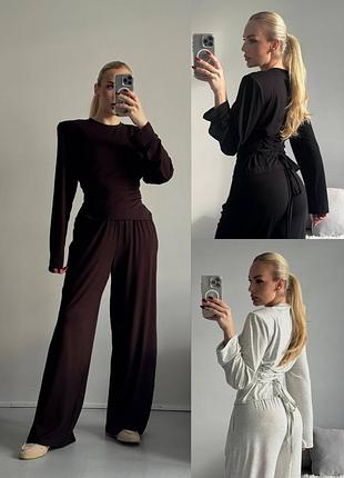 Костюм женский - корсетная кофта лонг с широкими плечами и штаны палаццо свободного кроя брюки
