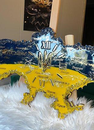 Годинник настінний з епоксидної смоли "карта україни" 80x55 см
