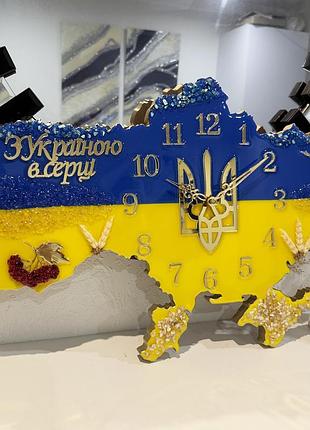Годинник настінний з епоксидної смоли "карта україни" 60x40 см