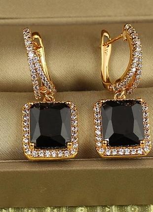 Сережки підвіски xuping jewelry авангард з чорним каменем 3 см золотисті