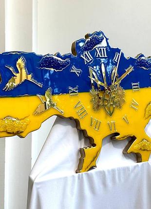 Годинник настінний з епоксидної смоли "карта україни" 100x67 см
