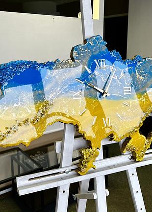 Годинник настінний з епоксидної смоли "карта україни" 50x32 см