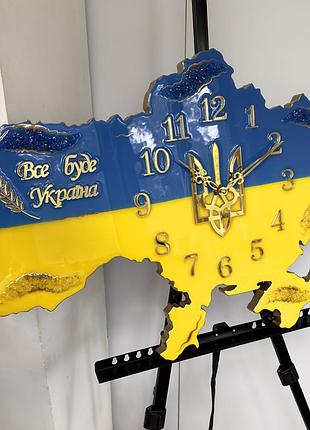 Годинник настінний з епоксидної смоли "карта україни" 70x47 см