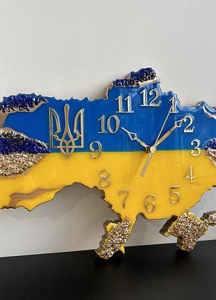 Годинник настінний з епоксидної смоли "карта україни" 140х94 см