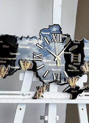 Годинник настінний з епоксидної смоли "карта україни" 140х92 см