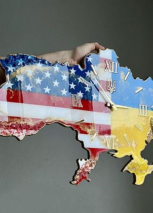 Часы настенные из эпоксидной смолы "карта украины с сша" 120х76 см