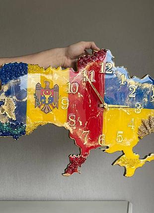 Часы настенные из эпоксидной смолы "карта украины с румынией" 100х64 см