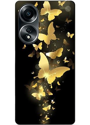 Силиконовый бампер чехол для oppo a58 с рисунком золотые бабочки мотыльки